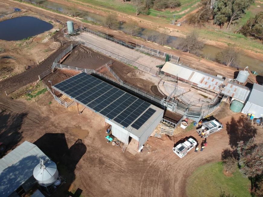 Aerial view of 35kW solar installation on dairy farm in Victoria